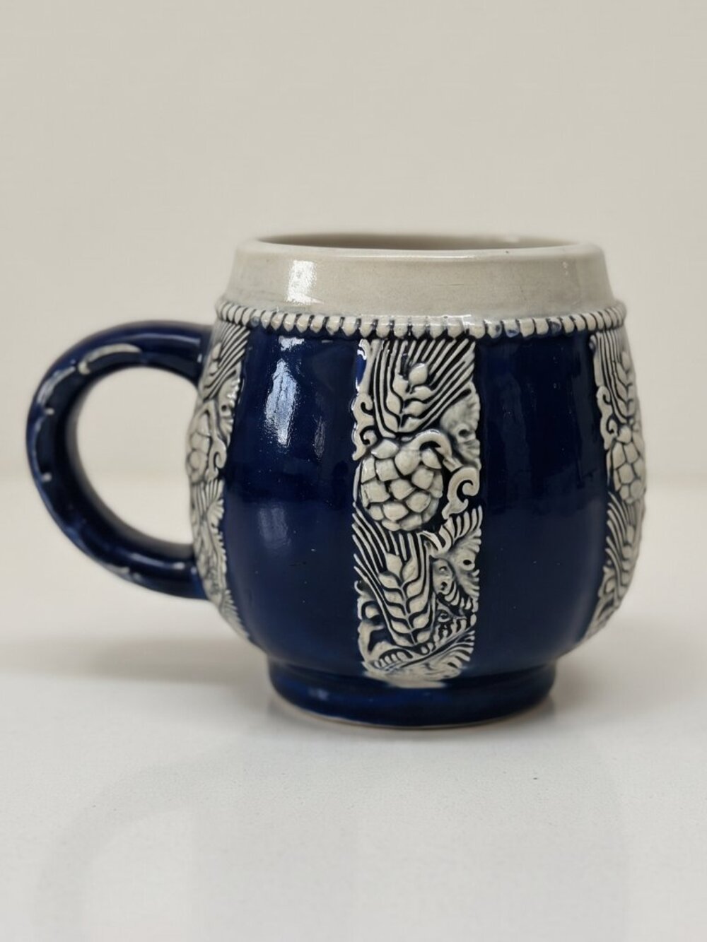 Vintage German Cobalt Blue Gray Stoneware Beer Stein Mug Botanical Relief 4.25”